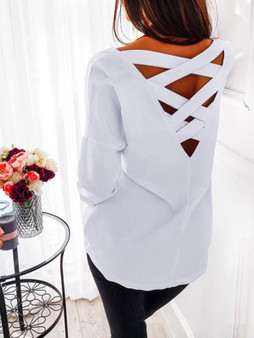 New White Cross Back Round Neck Long Sleeve Fashion T-Shirt