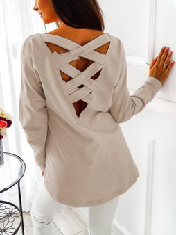 New Khaki Cross Back Round Neck Long Sleeve Fashion T-Shirt