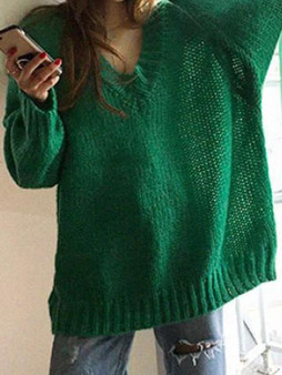New Green V-neck Long Sleeve Oversized Casual Pullover Sweater