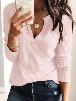 New Pink Plain V-neck Long Sleeve Going out Casual Blouse