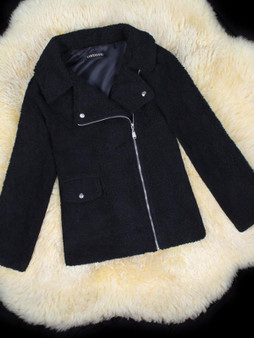 New Black Fur Pockets Zipper Turndown Collar Long Sleeve Fashion Coat