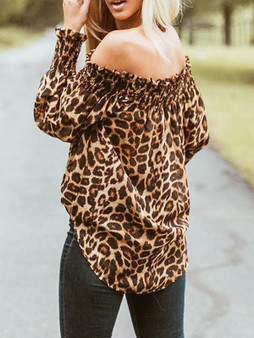 New Brown Leopard Print Off Shoulder Long Sleeve Fashion Blouse