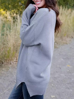 New Grey Slit V-neck Long Sleeve Casual Oversize Pullover Sweater