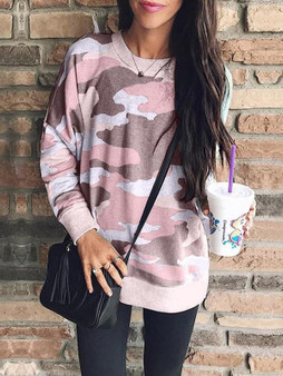 New Pink Camouflage Long Sleeve Round Neck Casual Sweatshirt