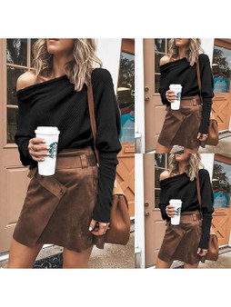 New Khaki Asymmetric Shoulder Long Sleeve Going out Pullover Sweater