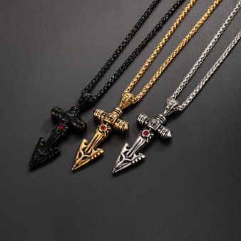 Spear Sword Cross Gold/Black/Silver Stainless Steel 24" Necklace