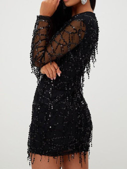 Black Patchwork Grenadine Sequin Tassel Bodycon Long Sleeve Clubwear Party Mini Dress