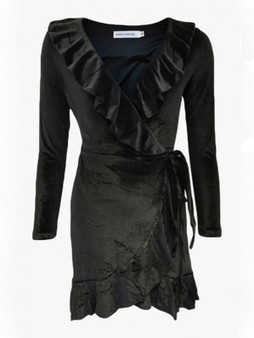 Black Ruffle Sashes Lace-up V-neck Long Sleeve Fashion Mini Dress