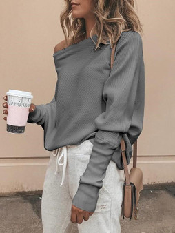 Grey Asymmetric Shoulder Long Sleeve Going out Pullover Sweater