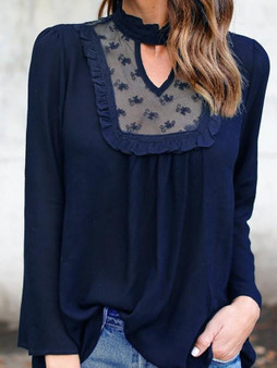 Navy Blue Patchwork Lace Cut Out Band Collar Long Sleeve Blouse