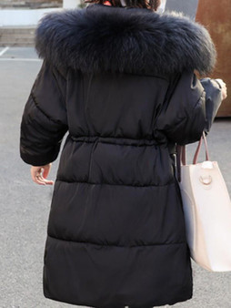 Black Fur Pockets Drawstring Hooded Long Sleeve Fashion Coat