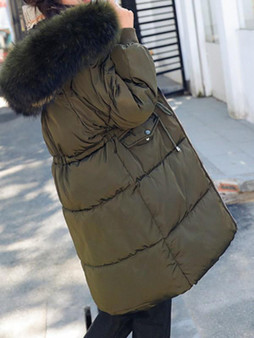 Army Green Fur Pockets Drawstring Hooded Long Sleeve Fashion Coat