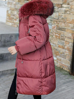 Brick Red Fur Pockets Drawstring Hooded Long Sleeve Fashion Coat
