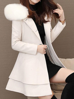 White Patchwork Fur Pockets Bow Ruffle Double Breasted Hooded Long Sleeve Elegant Coat