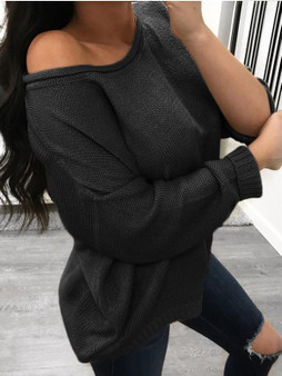 Black One Off Shoulder Long Sleeve Casual Sweaters Pullover