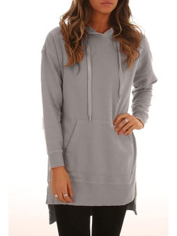 Grey Pockets Drawstring Hooded Long Sleeve Casual Sweatshirt