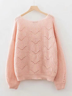 Pink Cut Out Round Neck Long Sleeve Going out Pullover Sweater