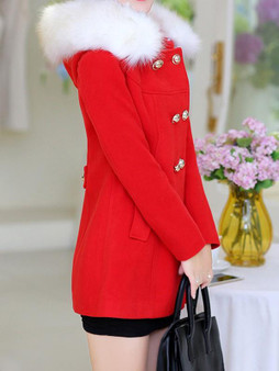 Red Fur Pockets Double Breasted Hooded Long Sleeve Elegant Coat