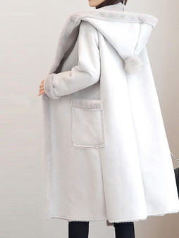 Grey Fur Pockets Single Breasted Hooded Long Sleeve Elegant Coat