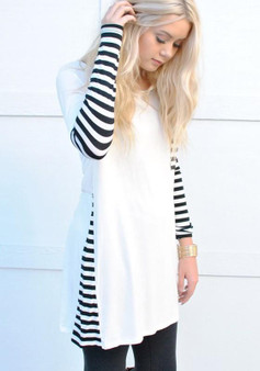 White Patchwork Striped Pockets Round Neck Long Sleeve Fall T-Shirt Casual Mini Dress