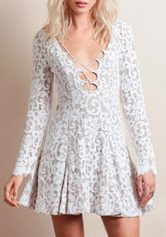 White Floral Lace Drawstring Plunging Neckline Long Sleeve Mini Dress