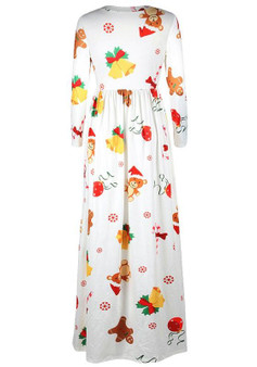 White Floral Draped Round Neck Long Sleeve Christmas Cute Maxi Dress
