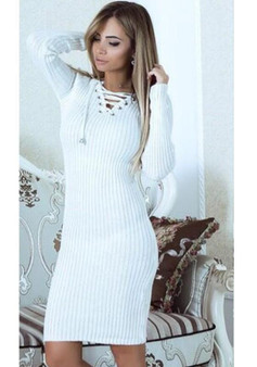White Drawstring V-neck Long Sleeve Fashion Midi Dress