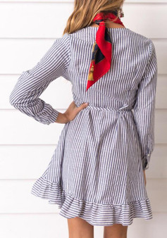 Casual White-Blue Striped Ruffle Irregular V-neck Long Sleeve Casual Mini Dress