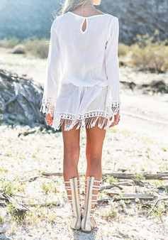 Casual White Plain Tassel Lace Long Sleeve Mini Dress