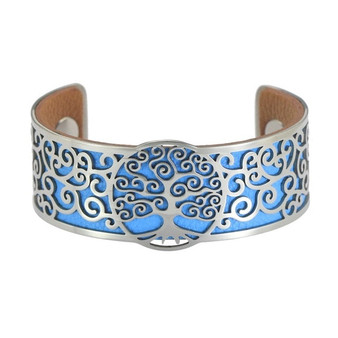 World Tree Stainless Steel Cuff Adjust Bracelet w/ Reversible 2-Color Leather Bands