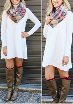 Casual White Plain High Neck Long Sleeve Casual Mini Dress