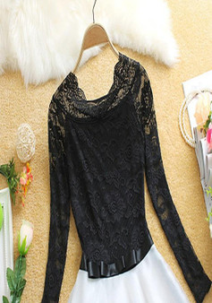 Casual White Patchwork Lace Hollow-out Belt Round Neck Long Sleeve Mini Dress