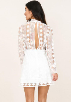 Casual White Patchwork Lace Cut Out Las Vegas Long Sleeve Beach Party Mini Dress