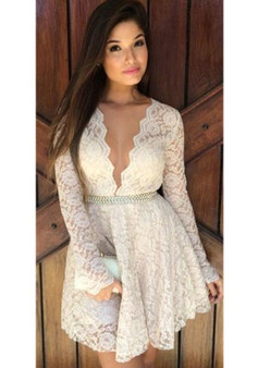 Casual White Floral Ruffle Plunging Neckline Long Sleeve Lace Dress