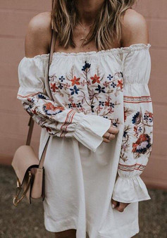 Casual White Floral Ruffle Boat Neck Long Sleeve Mini Dress