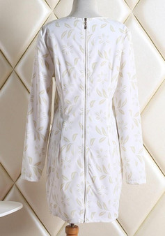 Casual White Floral Print Round Neck Long Sleeve Mini Dress