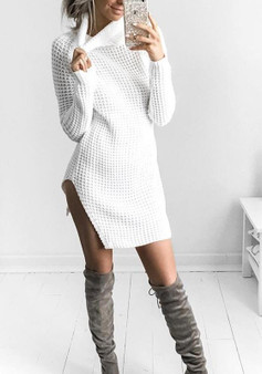 Casual White Cut Out High Neck Long Sleeve Fashion Mini Dress