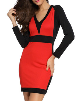 Casual V-Neck Zips Color Block Long Sleeve Bodycon Dress