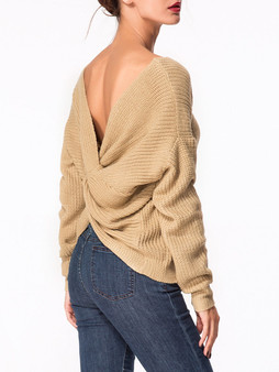 Casual V Neck Plain Two-way Loose Fitting Sweater