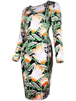 Casual Round Neck Floral Printed Mini Long Sleeve Bodycon Dress