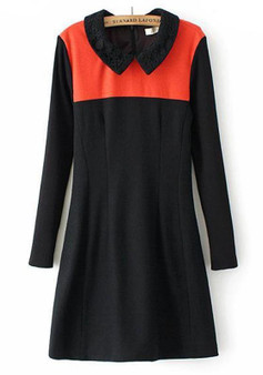 Casual Red-Black Patchwork Long Sleeve Dress