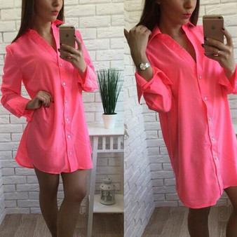 Casual Red Plain Buttons V-neck Long Sleeve Mini Dress