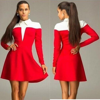 Casual Red Patchwork White Pleated Turndown Collar Long Sleeve Mini Dress