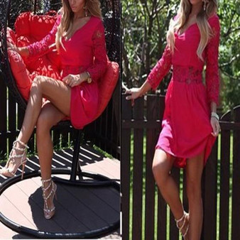 Casual Red Patchwork Lace Plunging Neckline Long Sleeve Mini Dress