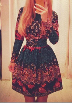 Casual Red Floral Sweet Round Neck Long Sleeve Mini Dress