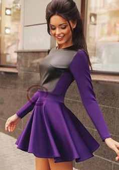 Casual Purple-Black Patchwork Draped Collarless Round Neck Long Sleeve Mini Dress