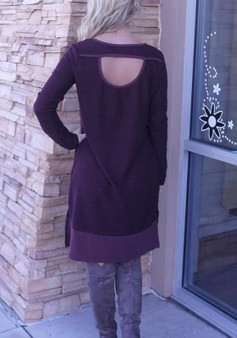 Casual Purple Patchwork Pockets Round Neck Long Sleeve Mini Dress