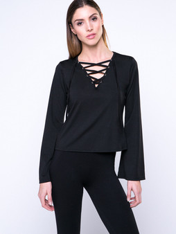 Casual Plain Chest-Bandage Design Bell Sleeve Long Sleeve T-Shirt