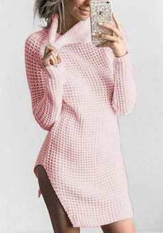 Casual Pink Cut Out High Neck Long Sleeve Fashion Mini Dress