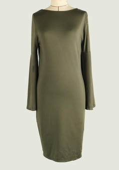 Casual Olive Plain Round Neck Long Sleeve Casual Mini Dress